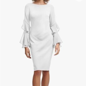 NWT Size 8 Calvin Klein White Ruffled-Sleeve Sheath Dress